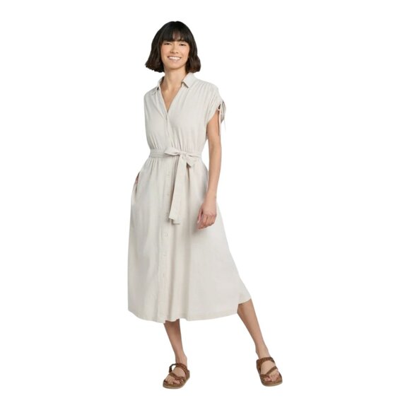 Time and Tru Women's Beige Midi Dress with Tie waist - Picture 1 of 5